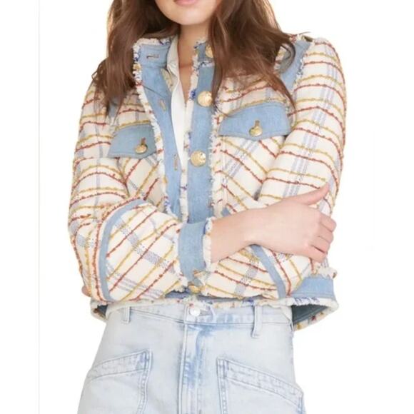 Veronica Beard Women's Nilaja Jacket Multicolor Size 4 Plaid Tweed Denim Trim